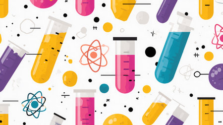 Vector seamless pattern of science icons, test tubes, and atom symbolsの素材