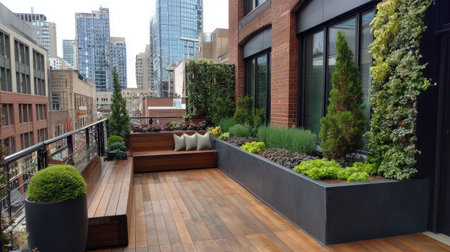 Urban balcony garden with smart planter, watering system, and thriving greensの素材