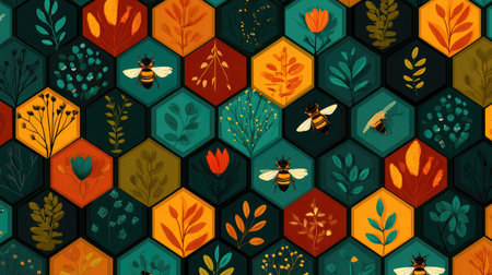 Seamless honeycomb vector pattern with bee and flower details in warm colorsの素材