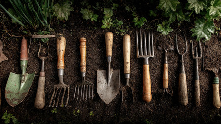 A collection of hand tools for vegetable gardening arranged neatly on fresh soilの素材