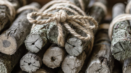 Pile of garden stakes and twine prepared for vertical vegetable supportsの素材
