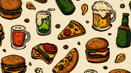 Seamless food icon vector pattern with colorful pizza slices, burgers, and drinksの素材