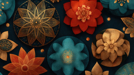 Vector pattern featuring floral mandalas and symmetrical shapesの素材