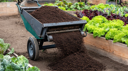 Organic compost spreader in use around raised beds of leafy vegetablesの素材