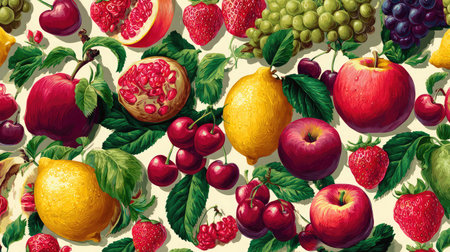 Vector seamless pattern featuring colorful fruit illustrations on a light backgroundの素材