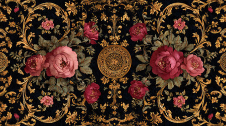 Repeating vintage wallpaper pattern with floral curves and golden accentsの素材