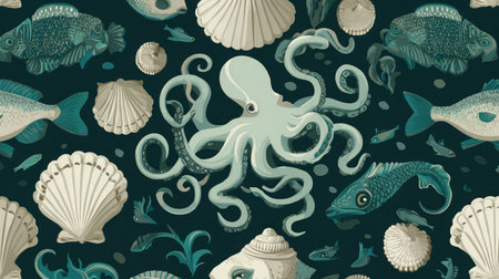 Repeating sea creature pattern with octopuses, shells, and fish in cool tonesの素材