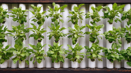 Hanging planter system with vertical rows of vegetables growing upwardの素材