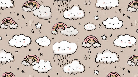 Cute seamless vector pattern with cartoon clouds, rainbows, and starsの素材