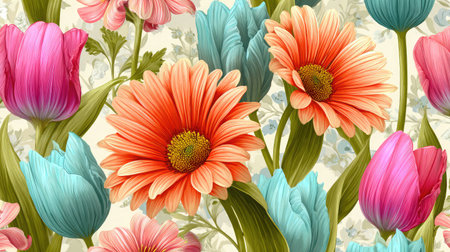 Seamless floral vector design with daisy and tulip motifs in spring pastel colorsの素材