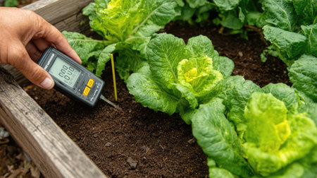 Digital soil moisture meter inserted in raised vegetable bed with leafy greensの素材