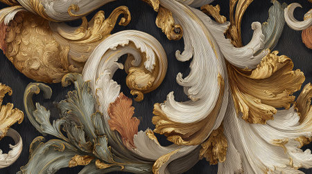 Vintage-style seamless pattern with ornate baroque swirls and golden elementsの素材