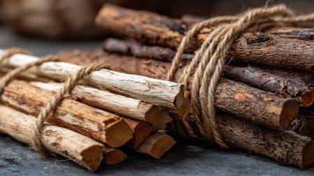 Pile of garden stakes and twine prepared for vertical vegetable supportsの素材