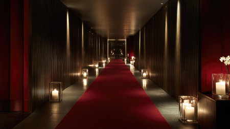 Luxurious hallway with dramatic ceiling reflections and ambient accent lights glowing on a deep red carpetの素材
