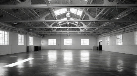 Bright and airy warehouse with skylights, structural steel framing, and loading zoneの素材