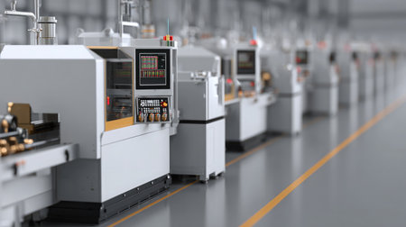 Industrial plant with rows of precision machinery producing mechanical componentsの素材