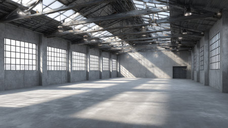 Large warehouse facility with cement floors and bright light shining from roof windowsの素材
