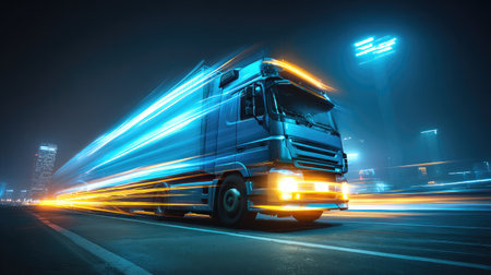 Long exposure of cargo truck at night creating light streaks under highway lightsの素材