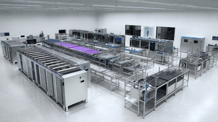 Production line in a factory with parts trays, robotic sorters, and calibration stationsの素材