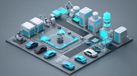 Parts production factory showing integration of robotics, sensors, and smart conveyorsの素材