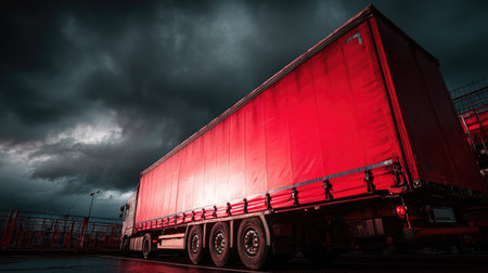 Red cargo truck trailer under dramatic clouds with sharp contrast in lightingの素材