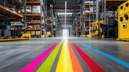 Organized warehouse space with color-coded lines, empty shelves, and utility equipmentの素材