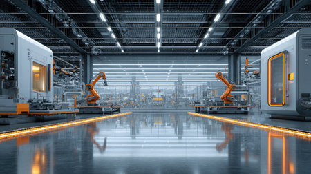 Modern factory producing automotive parts with robotic arms and metal stamping stationsの素材