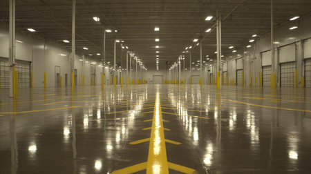 View from entrance of warehouse looking down central aisle with clear visibilityの素材