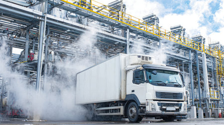 Refrigerated cargo truck parked in a cold storage zone with fog and steel structuresの素材