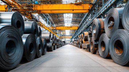 Warehouse section of parts factory with metal coils and processed steel sheets stackedの素材