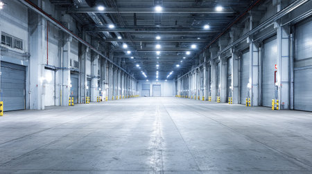 Wide-open logistics hub interior with steel beams and side-entry loading areasの素材