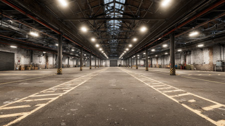 Warehouse with high ceilings, overhead lights, loading zones, and steel supportsの素材