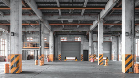View of clean warehouse with concrete pillars, safety cones, and dock accessの素材