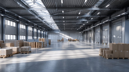Wide-open logistics hub interior with steel beams and side-entry loading areasの素材