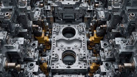 View of industrial machines stamping out vehicle parts with hydraulic pressesの素材