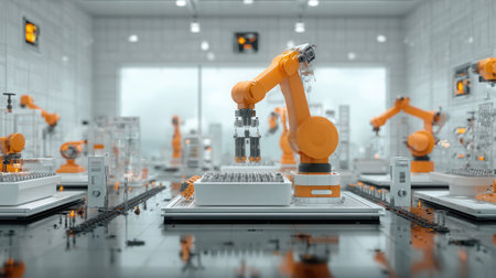 Robotics-integrated factory with mechanical arms handling small aluminum partsの素材