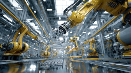 Robotics-integrated factory with mechanical arms handling small aluminum partsの素材