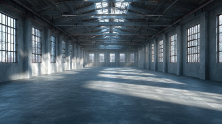 Wide-angle view of empty warehouse interior with metal beams, concrete floor, and high ceilingsの素材