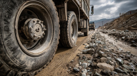 Close-up of cargo truck wheels and mudflaps on dirt road with scattered gravelの素材