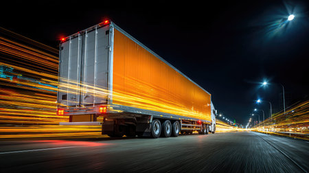 Long exposure of cargo truck at night creating light streaks under highway lightsの素材