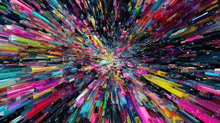 Abstract burst of pixels and shards in vibrant digital colors with a central focal glowの素材