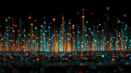 Abstract lines and multicolor dots forming a rhythmic pattern on dark backdrop, inspired by digital soundwavesの素材