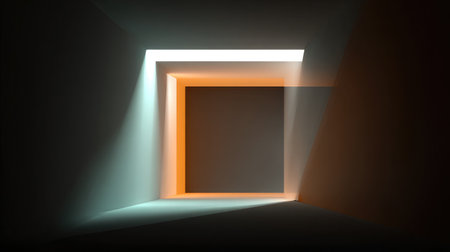 Abstract geometric tunnel with shifting light and bright color accents over a dark voidの素材