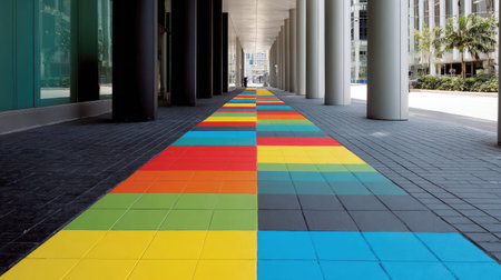 Abstract tile walkway with dynamic color blocks creating a modern artistic pathの素材