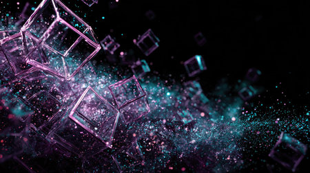 Angular D shapes in bright magenta and teal floating dynamically against black voidの素材