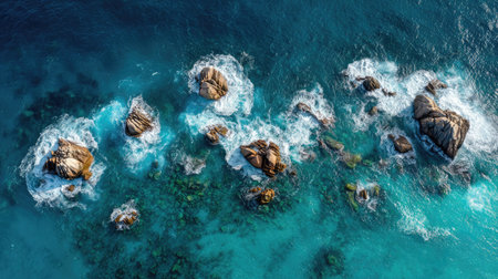 Aerial view of sea rocks surrounded by white surf and rich deep-blue oceanの素材