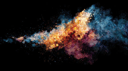 Clustered and scattered colorful polygons transitioning smoothly across black spaceの素材