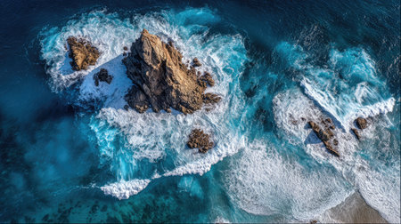Aerial view of sea rocks surrounded by white surf and rich deep-blue oceanの素材