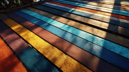 A wooden boardwalk painted in alternating bright colors under warm sunlightの素材