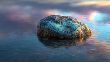 A single large sea rock surrounded by shimmering water and soft golden light at sunsetの素材